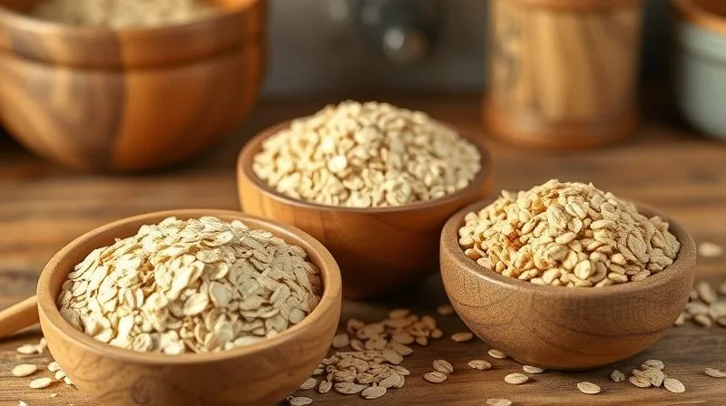 A close-up shot of three different types of oats: quick oats (finely ground), rolled oats (flatter, larger flakes), and steel-cut oats (small, chopped pieces), arranged neatly in separate small wooden bowls on a rustic kitchen counter. Professional photography, 8K, cinematic lighting, sharp focus on the texture of each oat type, depth of field blurring the background. Shot on a high-end DSLR.