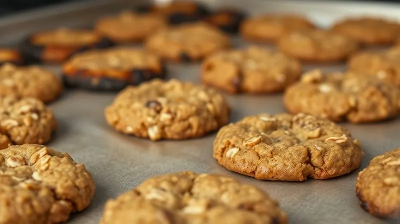 A close-up shot of a baking sheet with oatmeal cookies in two states: one batch is perfectly golden-brown with soft centers, just removed from the oven, showing slight glistening. The other batch, in the background, is visibly darker, slightly burnt at the edges, and appears dry. Professional photography, 8K, cinematic lighting, sharp focus on the ideal cookies, depth of field blurring the overbaked ones. Shot on a high-end DSLR.