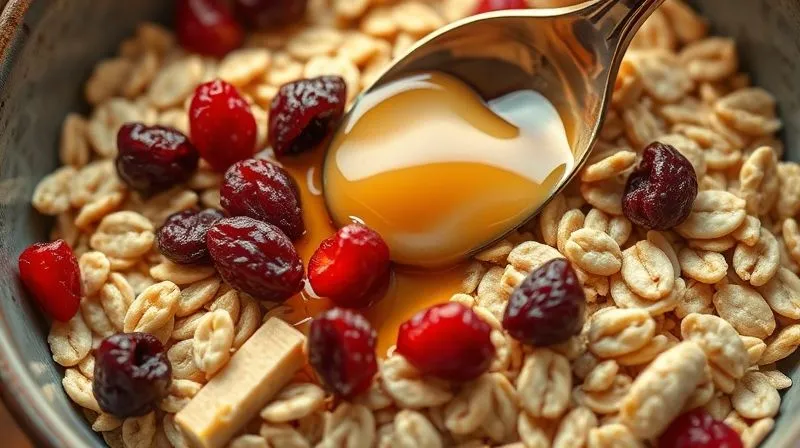 Photorealistic close-up of a bowl of oats with various 'healthy' but high-calorie additions scattered around: dried cranberries, a spoonful of peanut butter, agave syrup drizzling, all under cinematic lighting, sharp focus on the ingredients, depth of field. 8K.