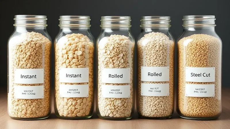 Photorealistic side-by-side comparison of different types of oats: instant, rolled, and steel-cut, in clear glass jars, with labels indicating their processing level. Professional studio lighting, sharp focus. 8K.