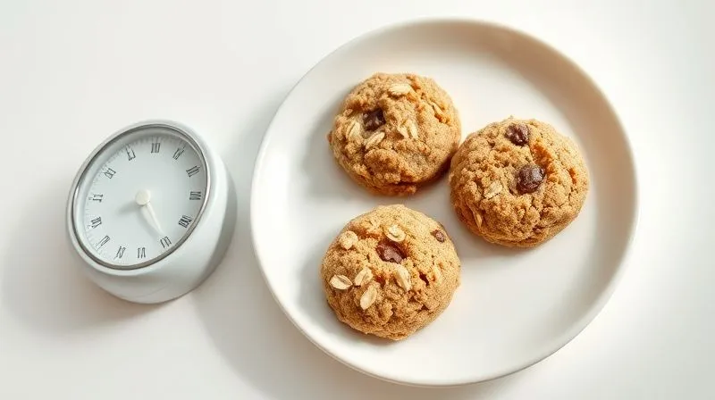 Photorealistic image of a plate with three perfectly portioned oatmeal cookies next to a small kitchen scale, emphasizing mindful eating and portion control. Clean, minimalist background, soft natural light. 8K.