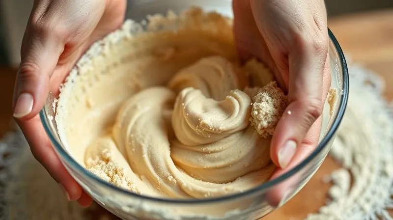 A close-up, photorealistic image of a baker's hands gently folding dry and wet ingredients for muffins, showing a slightly lumpy batter, with a focus on the delicate mixing process. Cinematic lighting, sharp focus, depth of field, 8K hyper-detailed, professional photography, shot on a high-end DSLR.
