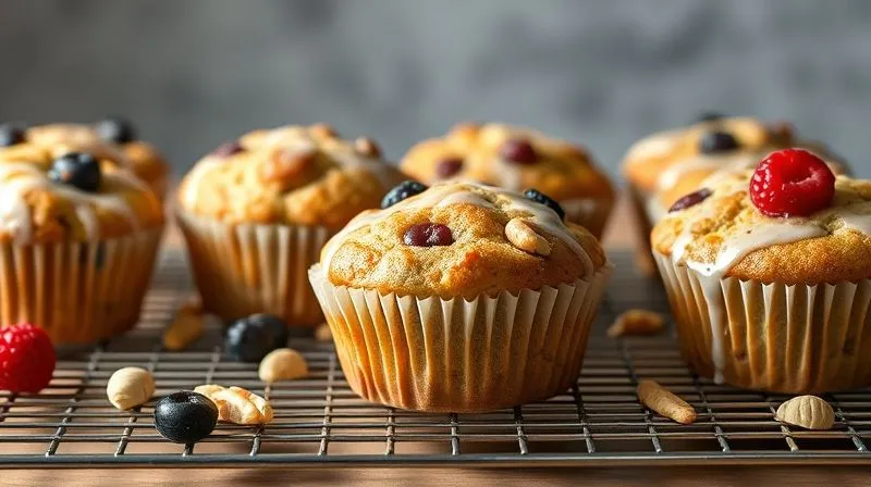 A photorealistic image of perfectly baked, moist sugar-free muffins cooling on a wire rack, with steam gently wafting from them. Various healthy ingredients like fresh berries, chopped nuts, and a drizzle of sugar-free glaze are visible. Cinematic lighting, sharp focus, depth of field, 8K hyper-detailed, professional photography, shot on a high-end DSLR.
