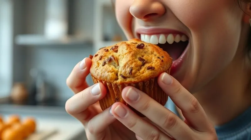 A photorealistic image of a person happily biting into a moist, sugar-free muffin, showing genuine enjoyment. The background is a bright, modern kitchen. Cinematic lighting, sharp focus on the person and muffin, depth of field, 8K hyper-detailed, professional photography, shot on a high-end DSLR.