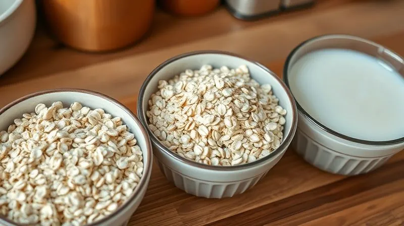 A photorealistic image showcasing three bowls: one with coarse, unsoaked rolled oats, another with fine instant oats, and a third with perfectly soaked rolled oats in milk, ready for blending. Emphasize the difference in texture and absorption. Shot on a high-end DSLR, 8K, cinematic lighting, sharp focus, depth of field, natural kitchen setting.
