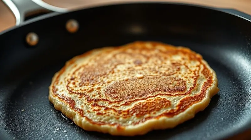 A close-up, photorealistic image of a golden-brown oat pancake sizzling on a non-stick pan, with tiny bubbles forming on its surface. Steam gently rises. The background shows a clean, modern kitchen. Shot on a high-end DSLR, 8K, cinematic lighting, sharp focus, depth of field.