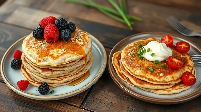 A photorealistic image of two distinct plates of oat pancakes. One plate features a stack of fluffy, golden-brown sweet oat pancakes with fresh berries and a light drizzle of honey. The other plate shows savory oat pancakes topped with a dollop of cottage cheese, fresh chives, and cherry tomatoes. Both plates are beautifully arranged on a rustic wooden table with soft, natural light. Shot on a high-end DSLR, 8K, cinematic lighting, sharp focus, depth of field.