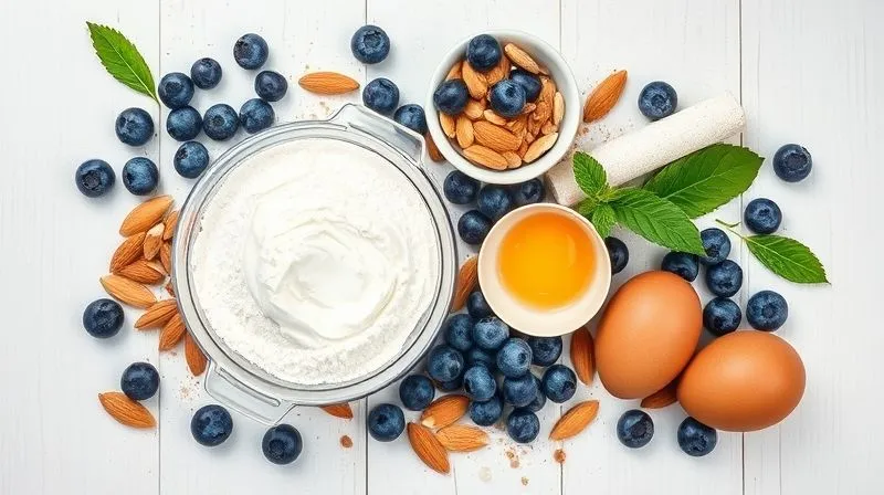 A visually appealing flat lay of various healthy baking ingredients: protein powder, Greek yogurt, almond flour, blueberries, and eggs, arranged artfully on a light wooden background, photorealistic, professional photography, 8K, cinematic lighting, sharp focus, depth of field, shot on a high-end DSLR.