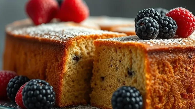 A close-up, photorealistic image of a perfectly baked, golden-brown protein cake, sliced to reveal a moist, even crumb texture, steam subtly rising. It's garnished with fresh berries and a light dusting of powdered sweetener. Professional photography, 8K, cinematic lighting, sharp focus, depth of field, shot on a high-end DSLR.