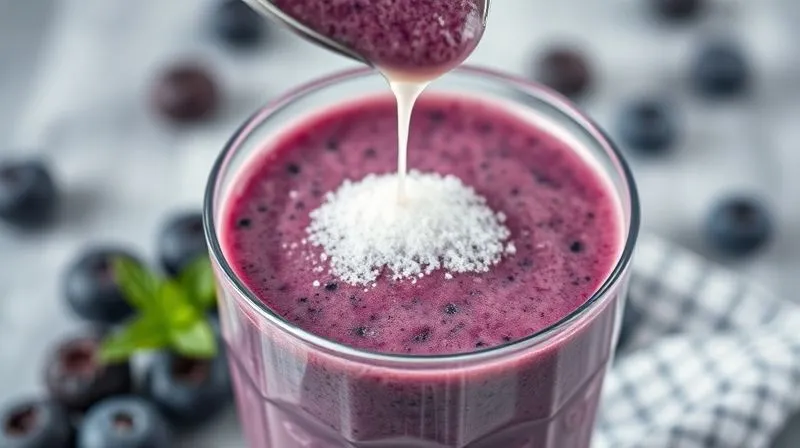 A close-up, photorealistic image of a blueberry smoothie being poured into a clear glass, with a spoonful of white sugar crystals falling into it from above. The sugar is slightly out of focus, symbolizing a hidden danger. Cinematic lighting, sharp focus on the smoothie, depth of field. 8K hyper-detailed, professional photography, shot on a high-end DSLR.