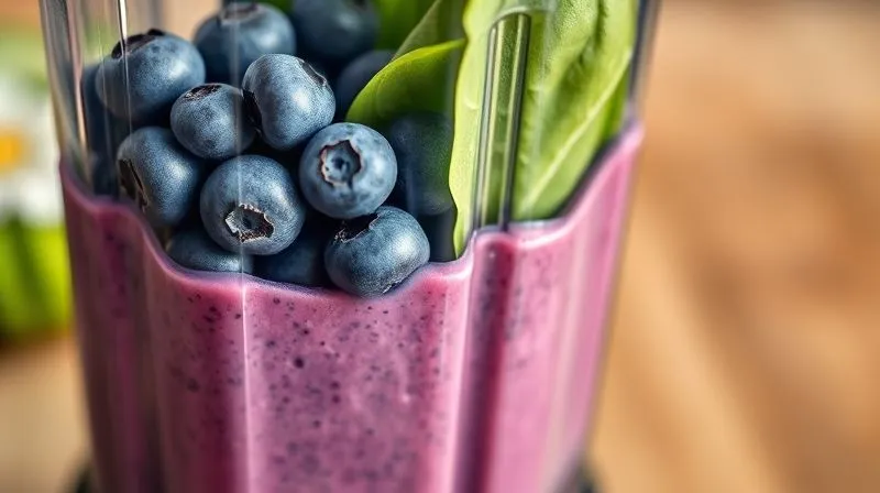 A photorealistic, professional photography shot of a blueberry smoothie being blended in a high-speed blender. Half of the blender jar is filled with vibrant blueberries, and the other half is filled with fresh, green spinach leaves, suggesting a perfect balance. Cinematic lighting, sharp focus, depth of field. 8K hyper-detailed, shot on a high-end DSLR.