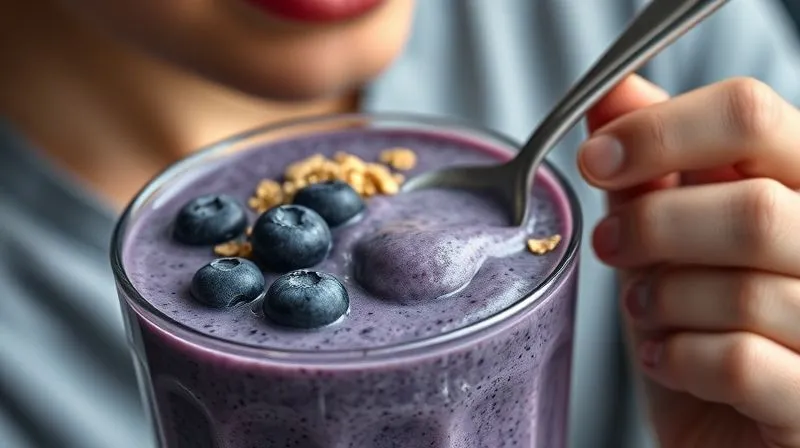 A photorealistic, professional photography shot of a person slowly enjoying a thick blueberry smoothie with a spoon, with some fresh blueberries and granola sprinkled on top, emphasizing the act of "eating" the smoothie. Cinematic lighting, sharp focus on the spoon and smoothie, depth of field. 8K hyper-detailed, shot on a high-end DSLR.