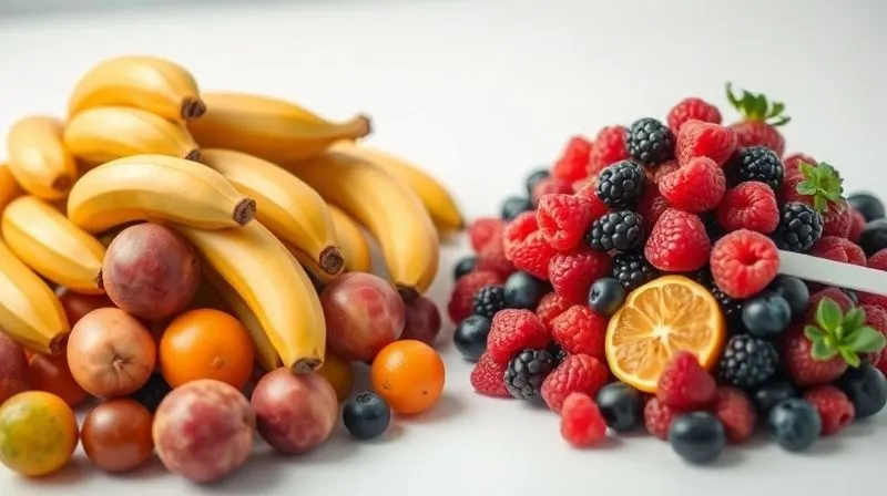 Photorealistic image showing a clear contrast between a pile of various sugary fruits (bananas, mangoes, grapes) on one side and a small, carefully portioned amount of low-sugar fruits (berries, one orange) with a measuring cup on the other. Cinematic lighting, sharp focus on both piles, depth of field. The scene should convey the idea of mindful portion control for sugar intake.