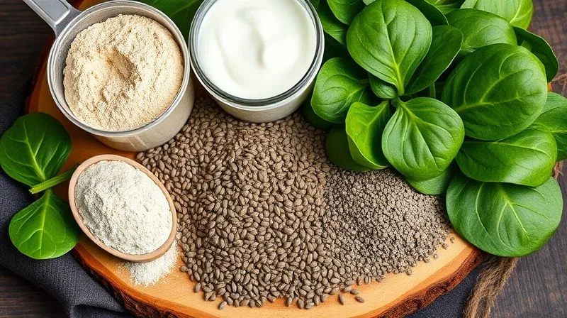 A photorealistic close-up of various protein and fiber-rich ingredients commonly used in smoothies: a scoop of protein powder, a handful of chia seeds, flax seeds, a container of Greek yogurt, and fresh spinach leaves. All arranged aesthetically on a rustic wooden board, with soft, natural light, sharp focus on the textures.