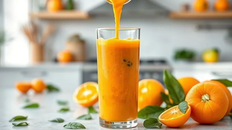 A vibrant, healthy orange smoothie being poured into a tall glass, but with visible flecks of green (spinach or kale) subtly integrated, showing a balanced and nutritious blend. The background is a clean, modern kitchen setting with fresh oranges and green leaves scattered. Photorealistic, professional photography, 8K, cinematic lighting, sharp focus, depth of field.