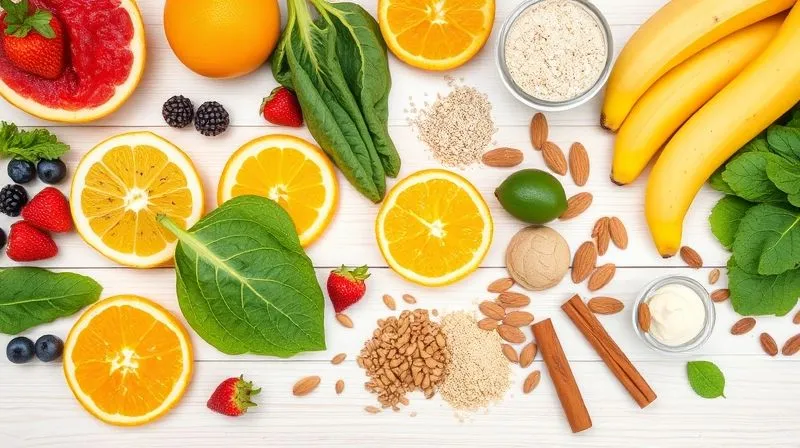 A flat lay photorealistic image of a diverse array of fresh smoothie ingredients arranged artfully on a light wooden background. Include various fruits (oranges, berries, kiwi, banana), green leafy vegetables (spinach, kale), different seeds (chia, flax), nuts (almonds), protein powder, and spices (cinnamon stick, ginger root). Bright, natural light, sharp focus, depth of field.