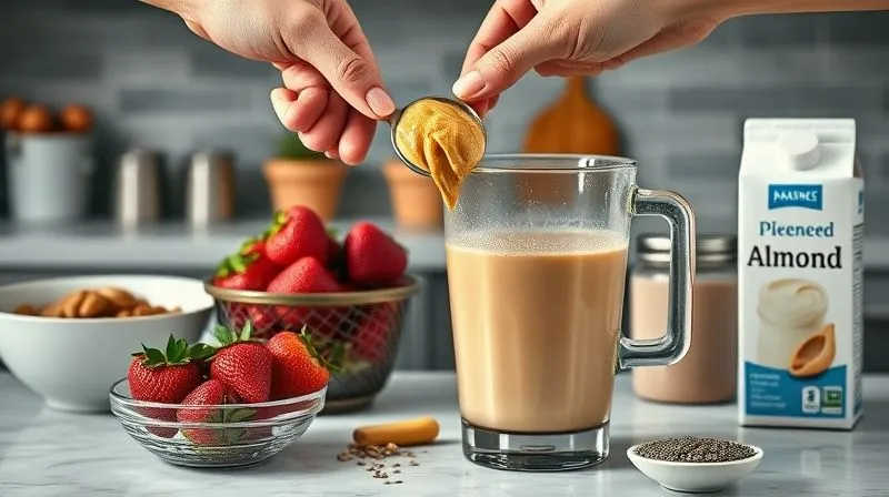 Photorealistic, professional photography, 8K, cinematic lighting, sharp focus, depth of field, shot on a high-end DSLR. A kitchen counter with various smoothie ingredients: a bowl of fresh strawberries, a jar of peanut butter, a carton of sweetened almond milk, and a small pile of chia seeds. A hand is about to add a large scoop of peanut butter to a blender, emphasizing the 'invisible calories' concept. The scene has a subtle warning tone.