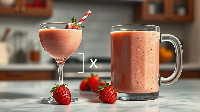 Photorealistic, professional photography, 8K, cinematic lighting, sharp focus, depth of field, shot on a high-end DSLR. Two identical strawberry smoothies on a kitchen counter. One is in a small, elegant glass, the other in a massive, oversized mug. A small, subtle 'X' mark is digitally added next to the large mug, indicating 'too much'. The scene highlights the contrast in portion sizes and their impact on diet, with a clean, modern aesthetic.