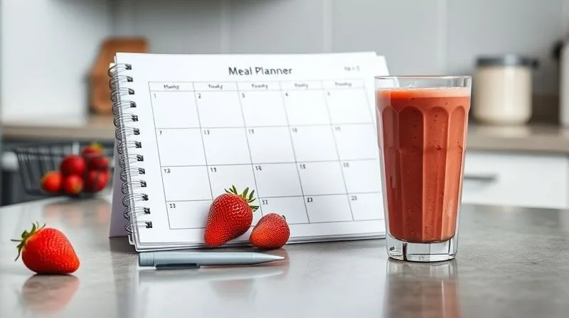 Photorealistic, professional photography, 8K, cinematic lighting, sharp focus, depth of field, shot on a high-end DSLR. A kitchen counter with a meticulously organized weekly meal planner, a small, perfectly proportioned strawberry smoothie glass, and a pen. The scene conveys organization, planning, and control over diet, with a bright, encouraging atmosphere.
