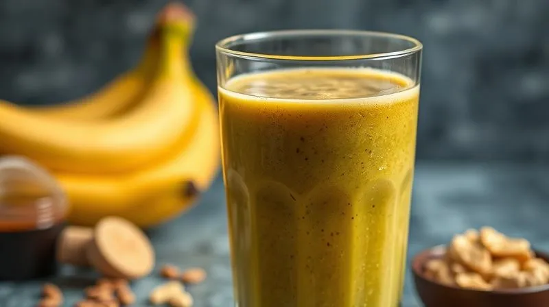 A close-up, photorealistic shot of a vibrant ginger smoothie in a sleek, modern glass. Subtly integrated into the background, almost out of focus, are small, tempting bowls of honey, a whole banana, and a large scoop of peanut butter, hinting at potential calorie overload. The image should evoke a sense of hidden dietary pitfalls in something seemingly healthy. Cinematic lighting, sharp focus on the smoothie, depth of field, 8K, shot on a high-end DSLR.