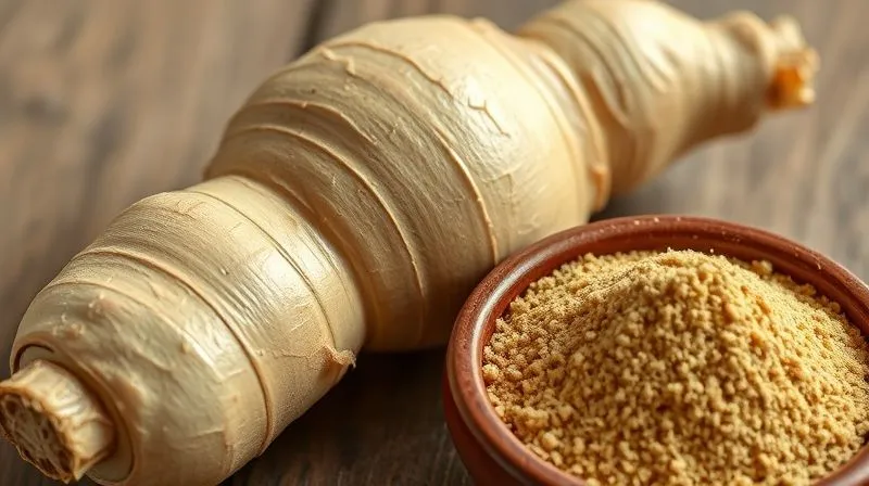 A photorealistic close-up of a perfectly peeled, vibrant fresh ginger root, glistening with natural moisture, positioned beside a small, rustic ceramic bowl containing dull, finely ground powdered ginger. The fresh ginger is brilliantly lit, highlighting its texture and vitality, while the powdered ginger appears less potent and inviting. Cinematic lighting, sharp focus, depth of field, 8K, shot on a high-end DSLR.