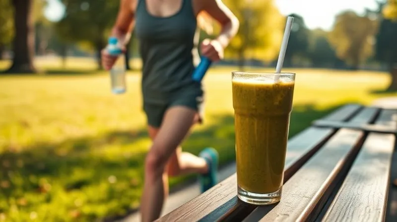 A photorealistic image of a person joyfully jogging through a sunlit park, with a reusable water bottle in hand and a healthy, vibrant ginger smoothie in a clear container on a nearby park bench. The scene should convey energy, health, and a balanced lifestyle. Cinematic lighting, sharp focus on the runner, depth of field blurring the background, 8K, shot on a high-end DSLR.