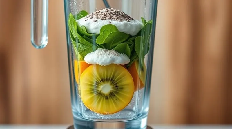 Photorealistic, professional photography, 8K, cinematic lighting, sharp focus, depth of field, shot on a high-end DSLR. A clear glass blender jar filled with layers of ingredients representing a perfectly balanced smoothie: a bottom layer of water, then vibrant green spinach, followed by sliced kiwi, a scoop of white protein powder, and a sprinkle of chia seeds on top. The composition clearly illustrates distinct, healthy layers, emphasizing the concept of balanced proportions. No text or logos.
