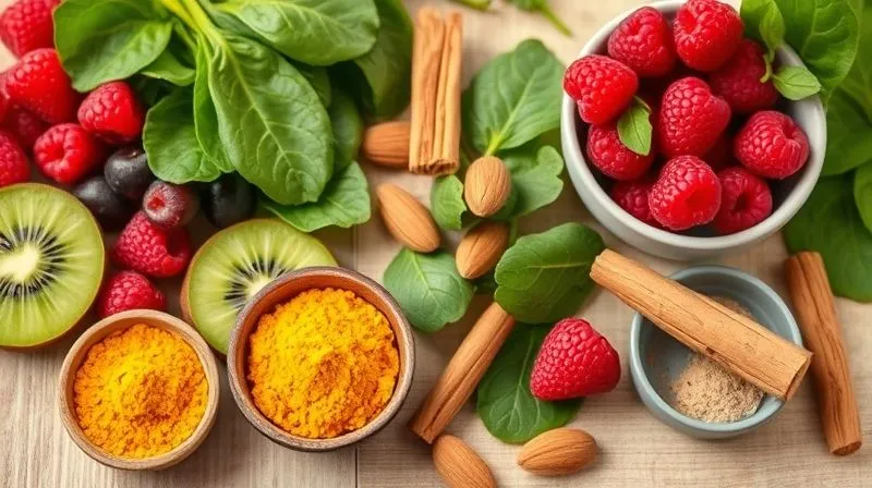 Photorealistic, professional photography, 8K, cinematic lighting, sharp focus, depth of field, shot on a high-end DSLR. A vibrant, colorful display of diverse fresh smoothie ingredients arranged artfully on a light wooden table: bright green kiwi slices, deep red raspberries, fresh spinach leaves, golden turmeric powder in a small bowl, a stick of cinnamon, and a few almonds. The composition highlights variety and freshness, suggesting a broad palette of choices for healthy smoothie preparation. No text or logos.