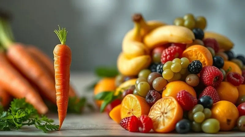 A photorealistic, professional photography, 8K, cinematic lighting image of a contrasting scene: on one side, a small, perfectly peeled carrot, symbolizing low-calorie vegetables. On the other side, a large, overflowing pile of various sweet fruits like bananas, mangoes, grapes, and berries, illustrating the high sugar content. Sharp focus on both elements, depth of field subtly blurring the background. Shot on a high-end DSLR.