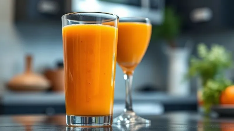 A photorealistic, professional photography, 8K, cinematic lighting image contrasting two glasses. One glass contains a very smooth, clear, vibrant orange carrot juice, with no visible pulp. The other glass contains a thicker, slightly textured carrot smoothie, clearly showing small flecks of pulp and fiber. Sharp focus on both glasses, depth of field blurring a kitchen background. Shot on a high-end DSLR.
