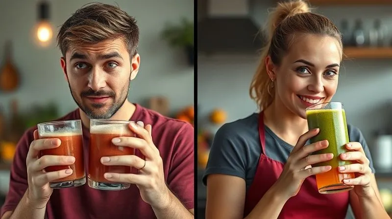 A photorealistic, professional photography, 8K, cinematic lighting image depicting a timeline of transformation. On the left, a person looks confused and slightly frustrated while holding an overly sweet, unbalanced smoothie. On the right, the same person, now looking energized and happy, sips a balanced, vibrant green and orange smoothie, with a subtle background suggestion of fitness activity or a healthy kitchen. Sharp focus on the person and their smoothies, depth of field subtly blurring the background elements. Shot on a high-end DSLR.