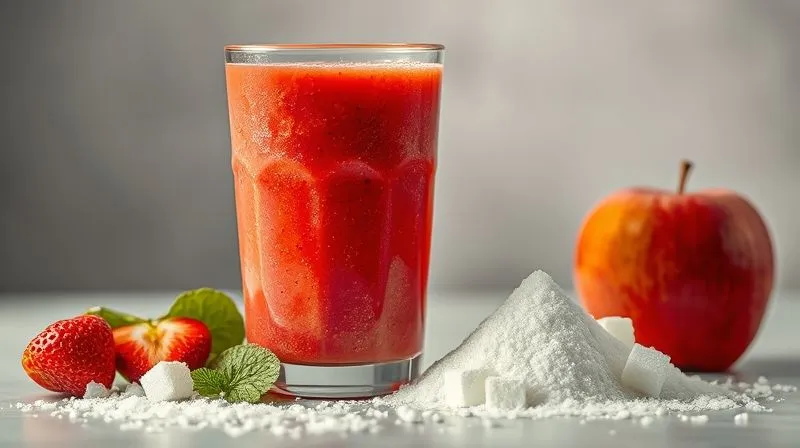 A photorealistic image of a transparent glass full of a vibrant fruit smoothie, next to a small pile of sugar cubes and a single, whole apple. The image highlights the contrast between the perceived healthiness of a smoothie and its potential hidden sugar content, with cinematic lighting and sharp focus on the sugar cubes.
