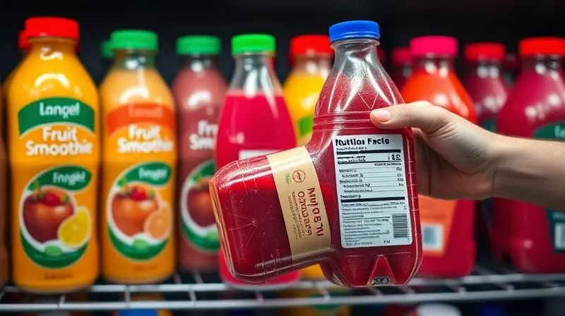 A photorealistic, professional photography, 8K, cinematic lighting, sharp focus, depth of field, shot on a high-end DSLR, of a supermarket shelf with various brightly colored, pre-packaged 'low-fat fruit smoothies'. One bottle is pulled out, with its nutrition label clearly visible, highlighting high sugar content. The scene conveys the deceptive nature of marketing vs. actual nutritional value.