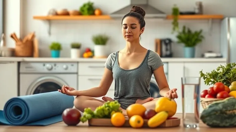 A photorealistic, professional photography, 8K, cinematic lighting, sharp focus, depth of field, shot on a high-end DSLR, of a person meditating calmly amidst a vibrant, healthy kitchen setting with fresh fruits and vegetables, a yoga mat, and a glass of water. The scene metaphorically represents a holistic approach to wellness, combining healthy eating, mindfulness, and physical activity.