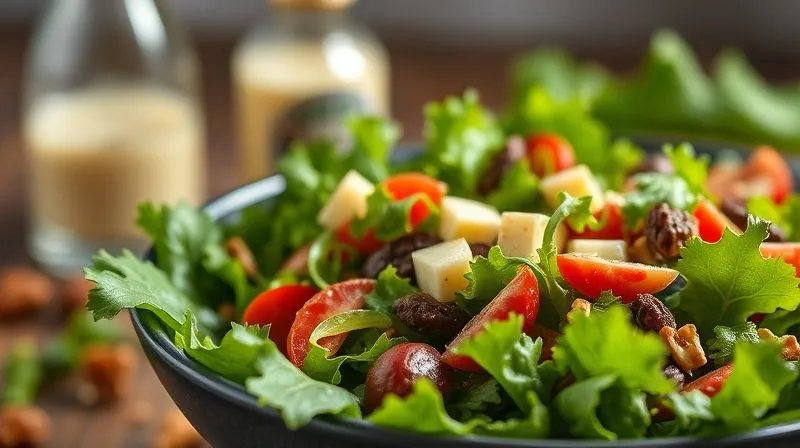 photorealistic, professional photography, 8K, cinematic lighting, sharp focus, depth of field, shot on a high-end DSLR. A vibrant, fresh green salad in a bowl, with some healthy ingredients clearly visible, but subtly, in the background, a small, rich, creamy dressing bottle and a handful of candied nuts are blurred, hinting at hidden caloric traps. The scene evokes a sense of deceptive healthiness.