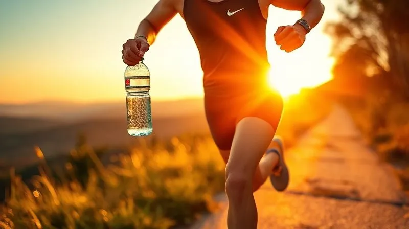 photorealistic, professional photography, 8K, cinematic lighting, sharp focus, depth of field, shot on a high-end DSLR. A person vigorously running on a scenic path at sunrise, with a water bottle in hand, sweat glistening. The image conveys energy, health, and commitment to an active lifestyle, with a focus on hydration and movement.