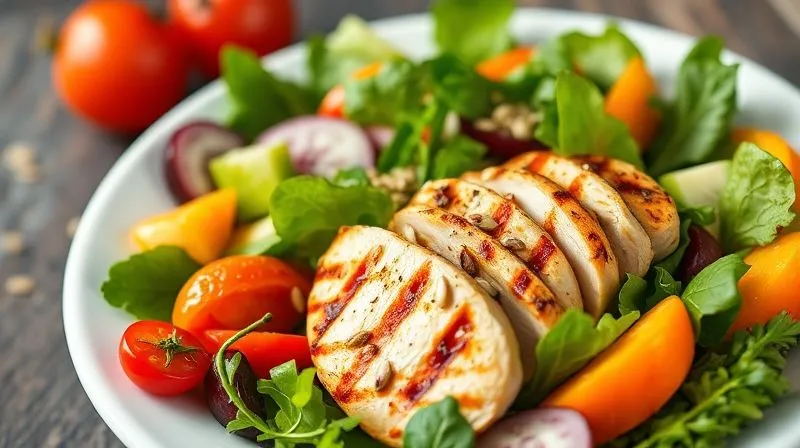 photorealistic, professional photography, 8K, cinematic lighting, sharp focus, depth of field, shot on a high-end DSLR. A perfectly composed, vibrant, and fresh low-carb protein salad, meticulously arranged with colorful vegetables, lean grilled chicken, a sprinkle of seeds, and a light, clear dressing. The image exudes health, balance, and precision, suggesting an ideal meal for weight loss.