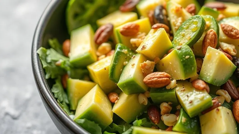 A close-up, photorealistic, professional photography shot of a vibrant, fresh low-carb protein salad with visible chunks of avocado, a drizzle of olive oil, and sprinkled nuts and seeds, emphasizing healthy fats. Cinematic lighting, sharp focus on the textures, depth of field, 8K hyper-detailed, shot on a high-end DSLR.