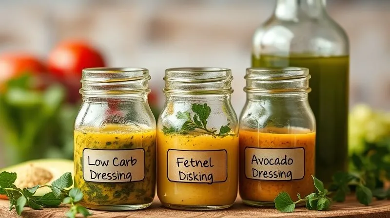 A close-up, photorealistic, professional photography shot of a variety of homemade, healthy low-carb salad dressings in small glass jars, clearly labeled with natural ingredients like olive oil, herbs, and avocado, contrasting with a blurred background of a generic store-bought bottle. Cinematic lighting, sharp focus on the fresh ingredients, depth of field, 8K hyper-detailed, shot on a high-end DSLR.