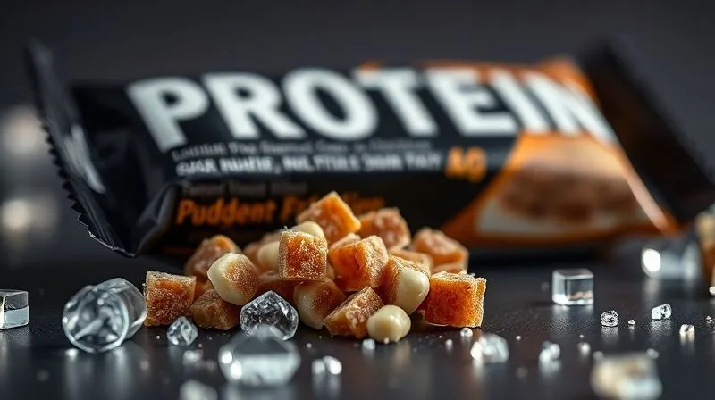 A close-up, photorealistic shot of a seemingly healthy protein bar or dessert, but with a subtle, glowing overlay of hidden sugar cubes and fat droplets. The packaging is sleek and modern, emphasizing 'protein' and 'fitness', yet the underlying elements reveal its true caloric density. Cinematic lighting, sharp focus, depth of field. 8K hyper-detailed, professional photography, shot on a high-end DSLR.
