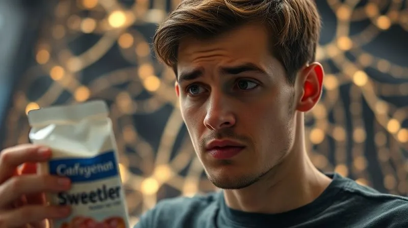 Photorealistic image of a person looking confused at a package of artificial sweetener, with a subtle visual representation of a complex gut microbiome in the background, depicted as glowing, interconnected neural pathways. The person's expression conveys doubt and contemplation. Cinematic lighting, sharp focus, depth of field. 8K hyper-detailed, professional photography, shot on a high-end DSLR.