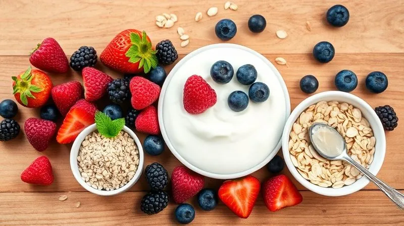 A vibrant, photorealistic flat lay of ingredients for a healthy protein dessert: Greek yogurt, fresh berries, chia seeds, a scoop of protein powder, a small bowl of oats, and a natural sweetener like honey or maple syrup, all artfully arranged on a clean wooden surface with soft natural light. Professional photography, 8K, sharp focus, depth of field.