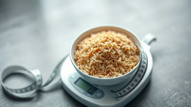 Photorealistic, professional photography of a food scale precisely weighing a portion of brown rice in a bowl, with a measuring tape loosely draped around it, cinematic lighting, sharp focus on the scale display showing a specific weight, depth of field blurring the background, 8K hyper-detailed.