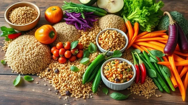 Photorealistic, professional photography of a vibrant, colorful array of diverse plant-based foods on a wooden table – including various grains (quinoa, buckwheat, amaranth), colorful vegetables, and different types of legumes, all arranged aesthetically. A single, isolated small bowl of brown rice sits to the side, slightly out of focus. Cinematic lighting, sharp focus on the diverse foods, depth of field blurring the background, 8K hyper-detailed.