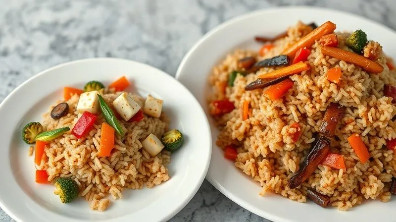 Photorealistic, professional photography of two contrasting plates. One plate has a small, well-portioned serving of brown rice with lean vegetables and tofu. The other plate has an overflowing, large portion of brown rice with a heavy, oily sauce. Cinematic lighting, sharp focus on the food, depth of field blurring the background, 8K hyper-detailed, highlighting the difference in portion size and additions.