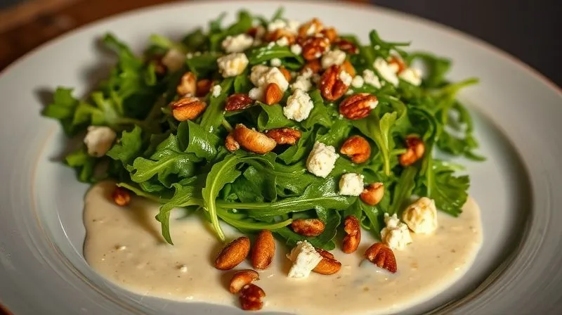 A photorealistic, professional photography shot of a vibrant arugula salad on a dinner plate, but with an excessive amount of creamy, oily dressing pooling at the bottom and a generous, almost overflowing, sprinkle of high-calorie toasted nuts and crumbled feta cheese. The lighting is cinematic, highlighting the rich texture of the dressing, with sharp focus on the ingredients and a shallow depth of field. The image subtly conveys a sense of hidden caloric density despite the 'healthy' appearance. 8K hyper-detailed, shot on a high-end DSLR.