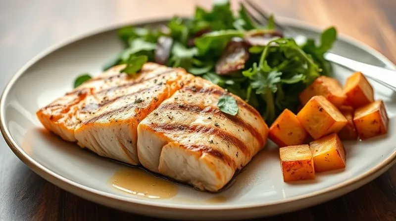 A photorealistic, professional photography shot of a perfectly balanced dinner plate, featuring a portion of grilled salmon, a vibrant arugula and mixed greens salad with a light vinaigrette, and a small serving of roasted sweet potato cubes. The composition highlights diverse textures and colors, with warm, cinematic lighting creating an inviting atmosphere. Sharp focus is on the main elements, with a soft depth of field. The image conveys a sense of wholesome, satisfying, and health-conscious eating. 8K hyper-detailed, shot on a high-end DSLR.