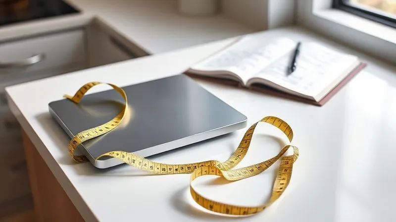 A photorealistic, professional photography shot of a sleek, modern kitchen scale with a tape measure draped beside it, placed on a clean white countertop. In the background, slightly out of focus, is a notebook with handwritten entries and a pen. The lighting is bright and natural, emphasizing precision and the act of monitoring progress. The image evokes a sense of dedication, measurement, and tracking in a health and wellness context. 8K hyper-detailed, shot on a high-end DSLR.