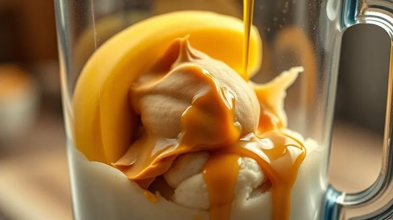 Photorealistic, professional photography, 8K, cinematic lighting, sharp focus, depth of field, shot on a high-end DSLR. A close-up of a blender filled with ingredients: a ripe banana, a generous scoop of peanut butter, a splash of full-fat coconut milk, and a drizzle of honey. The scene is slightly chaotic, emphasizing over-indulgence, with a subtle golden glow from cinematic lighting. The focus is on the rich, dense texture of the ingredients, suggesting high caloric content.