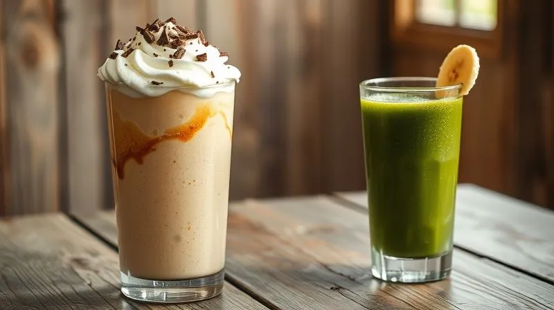 Photorealistic, professional photography, 8K, cinematic lighting, sharp focus, depth of field, shot on a high-end DSLR. Two smoothie glasses side-by-side on a rustic wooden table. One glass is large, overflowing with a thick, creamy banana smoothie, garnished with excessive toppings like whipped cream and chocolate shavings, suggesting an unhealthy portion. The other glass is smaller, filled with a lean, green smoothie with a single slice of banana and a sprinkle of chia seeds, representing a balanced, healthy portion. Soft, natural morning light.